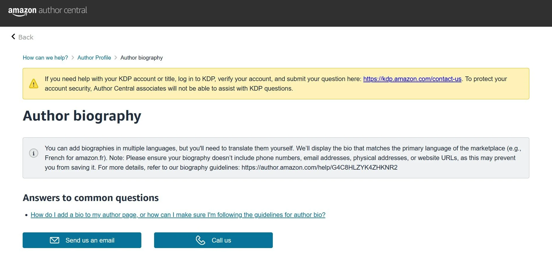 Amazon Author Central support. Screenshot.