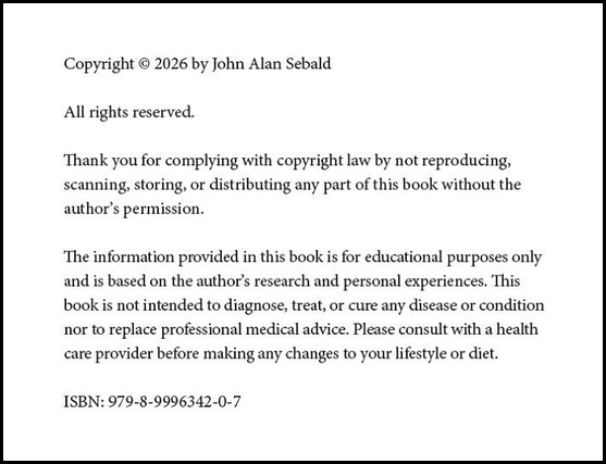 A self‑published book’s copyright page with author copyright, rights statement, permissions text, medical disclaimer, and ISBN.