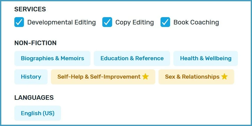 Sample Reedsy editor nonfiction specializations from Reedsy freelancer Overview.