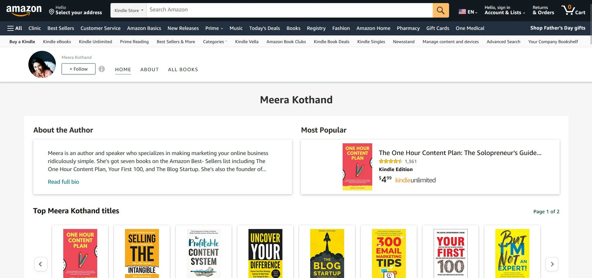 Amazon Author Page example, from an article on amazon author page setup and how to edit