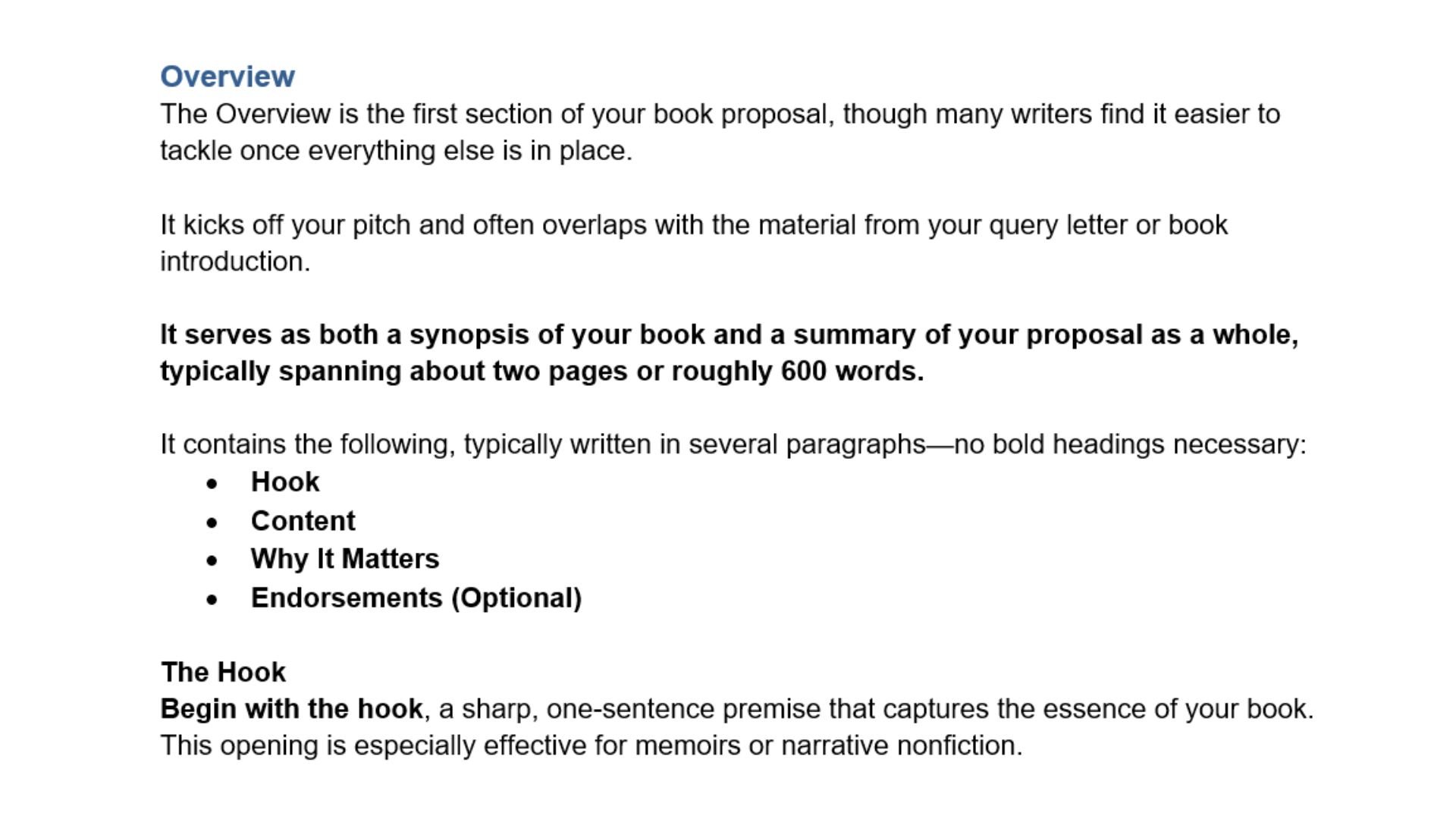 Screenshot of book proposal overview section in the template on how to write a book proposal and query letter.