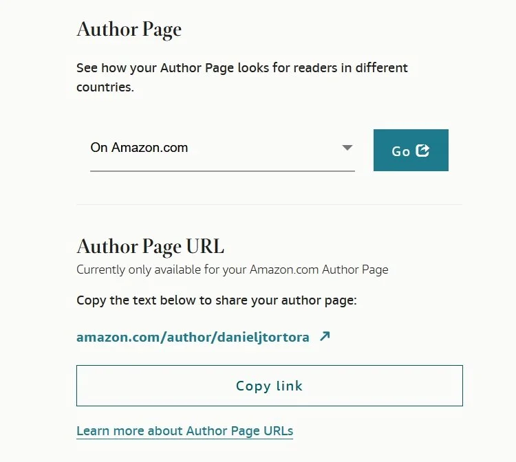 Amazon author page URL, shareable link from Author Central account.