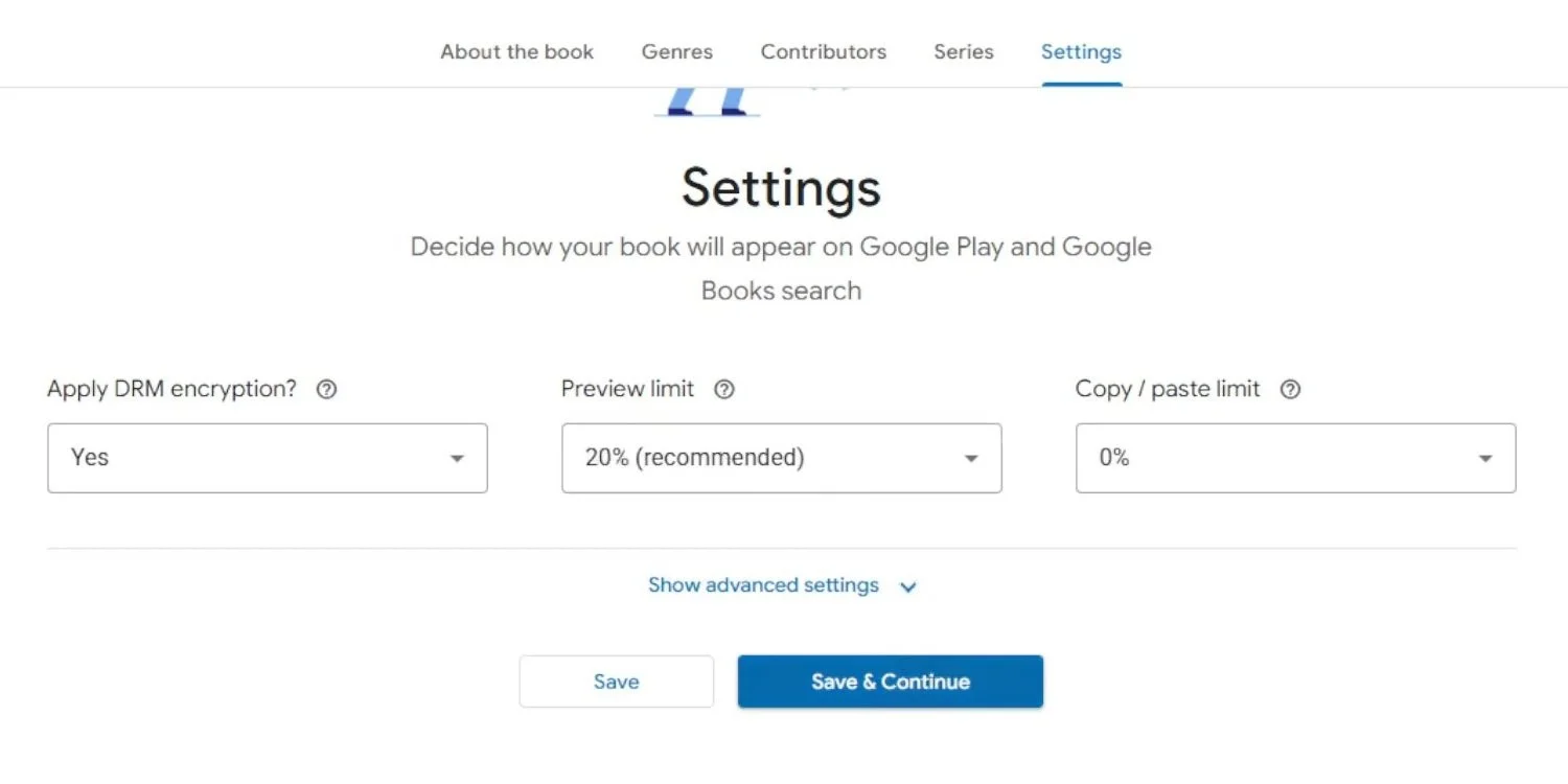 Google Play Books Partner Center preview and content settings showing the DRM toggle, 20% preview limit, and copy/paste limit