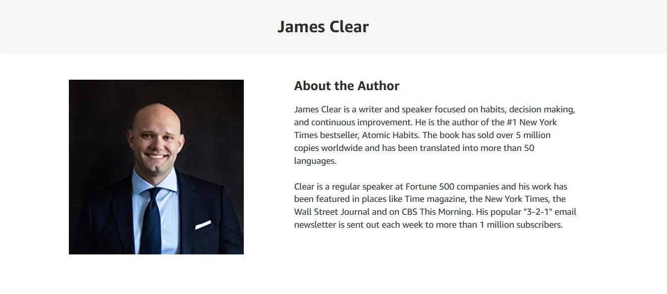 Amazon author bio example from Amazon Author Page. The Amazon author bio for James Clear is shown here.