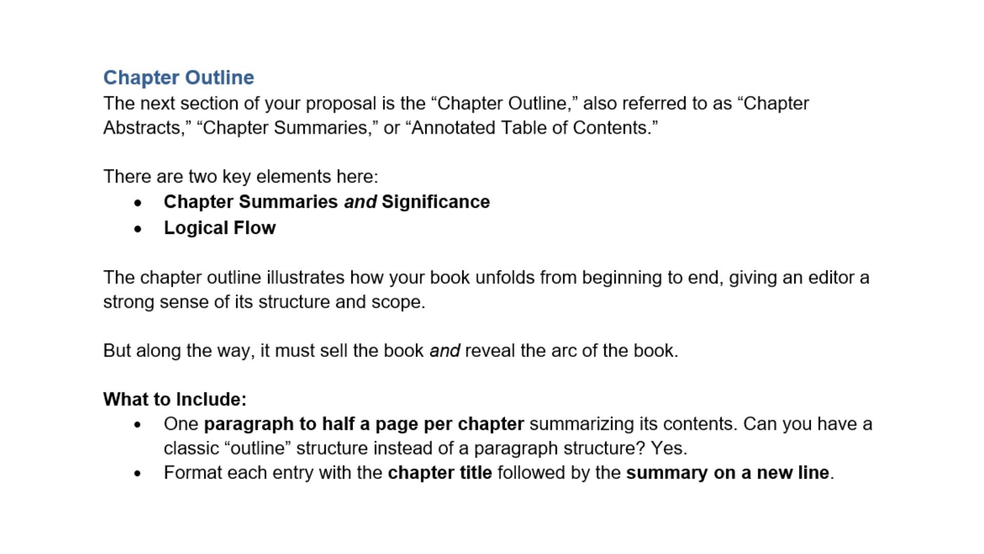 Screenshot showing how to write book proposal chapter outline/chapter summaries.
