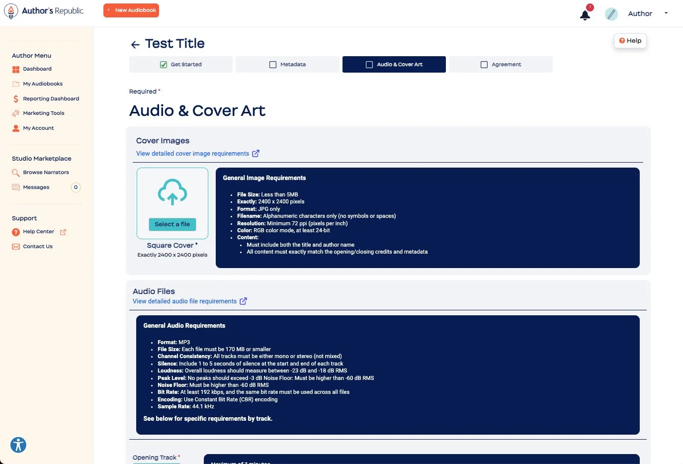 Author's Republic audio requirements and cover requirements specs