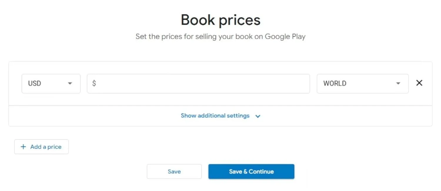 Google Play Books Partner Center pricing screen with Worldwide distribution selected