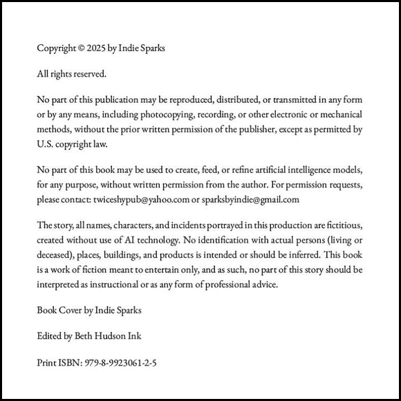 A sample copyright page for Amazon KDP self-published book showing rights statement, permission requests, disclaimer, credits, and ISBN information.