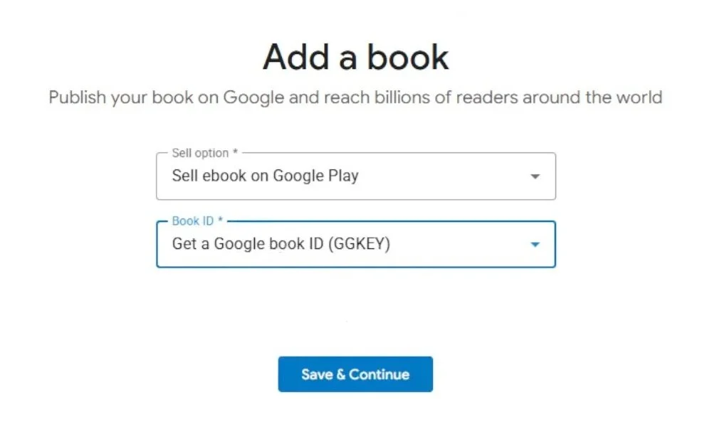 Google Play Books Partner Center showing the “Add a book” and  “Sell ebook on Google Play” and “Get a Google book ID” options