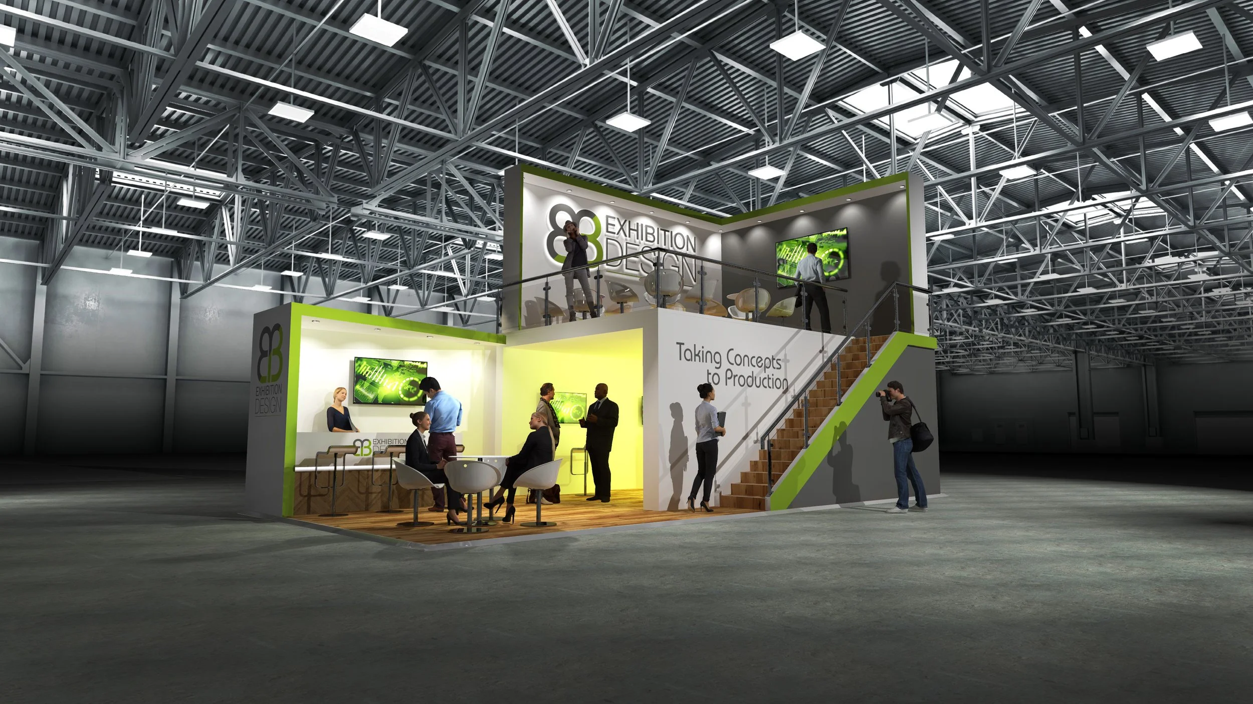 Double deck mezzanine exhibition stand design 3D visualisation custom booth trade show display.jpg