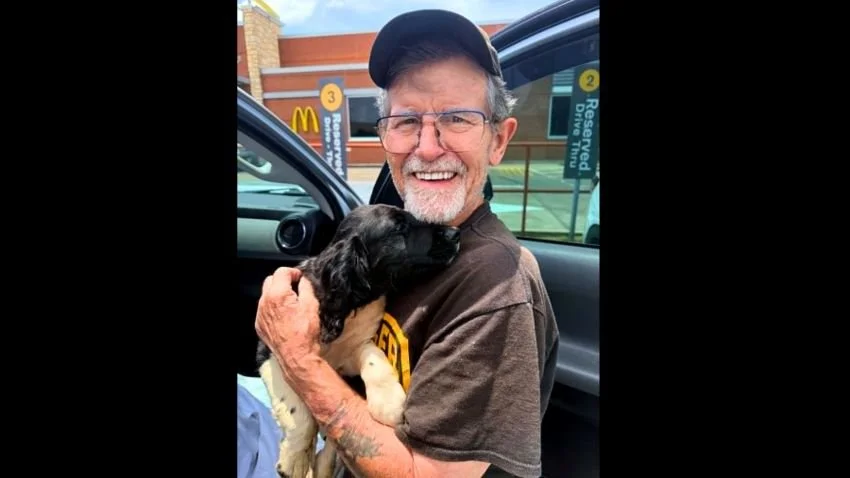 Paul Fisler with springer spaniel puppy on delivery day