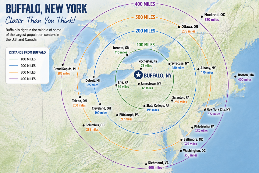 Map of driving distances to Buffalo NY concentric circles