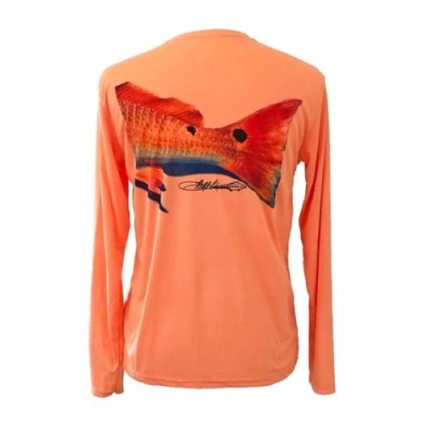 Orange sun crewneck fishing shirt redfish tail art