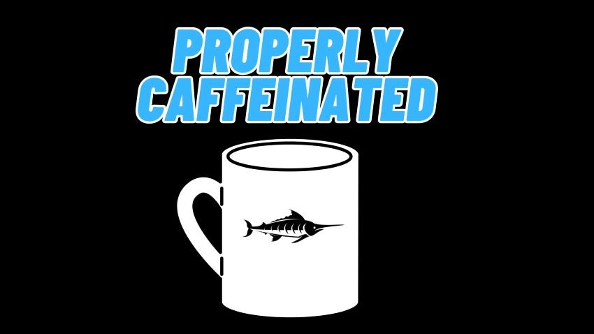 White coffee mug with a drawing of a marlin fish