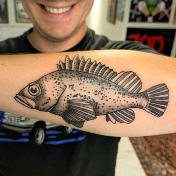 Black and white Pacific rockfish tattoo