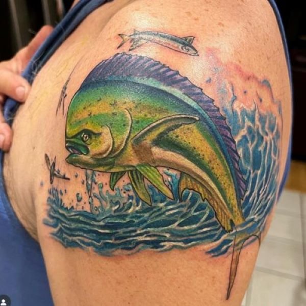 Leaping mahi mahi shoulder tattoo