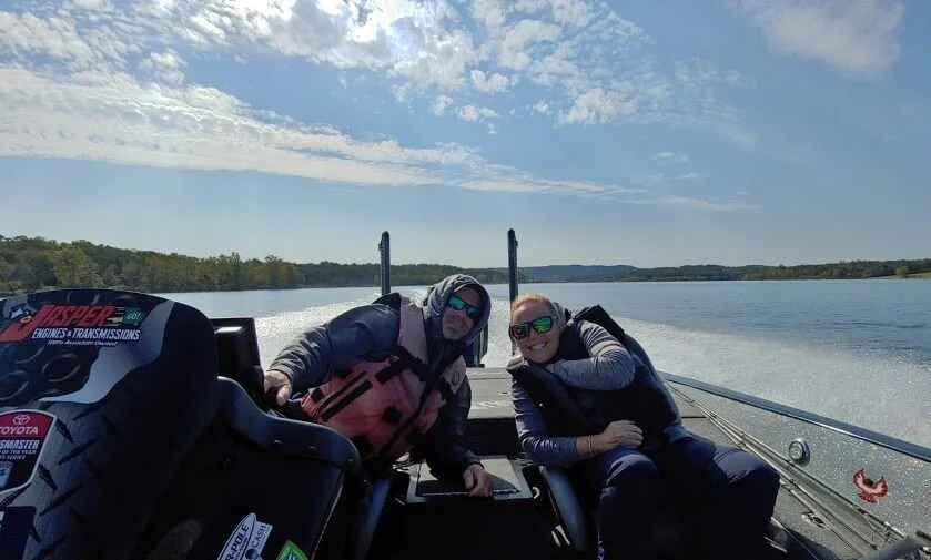 Hanna with Elite Series pro and Table Rock guide Chad Morgenthaler driving his bass boat