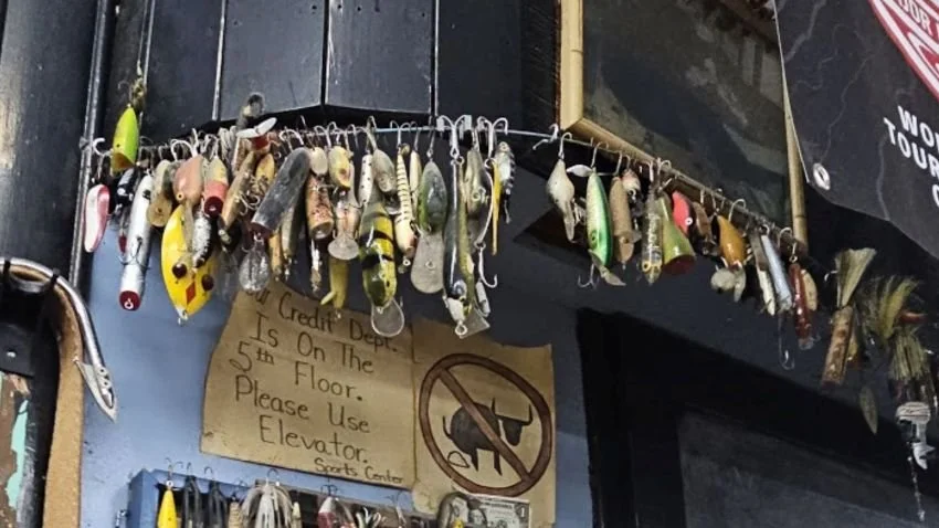 Hanging selection of vintage bass fishing lures