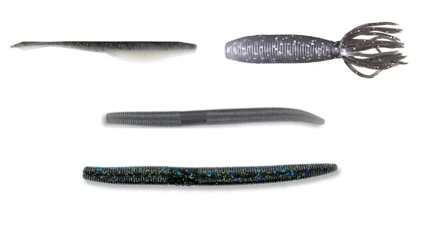 Four different Yamamoto soft plastics in varying shades of smoke