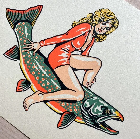 Steel Bison print of Dolly Parton riding a Dolly Varden trout