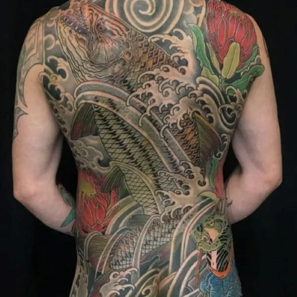 Full back tattoo leaping tigerfish
