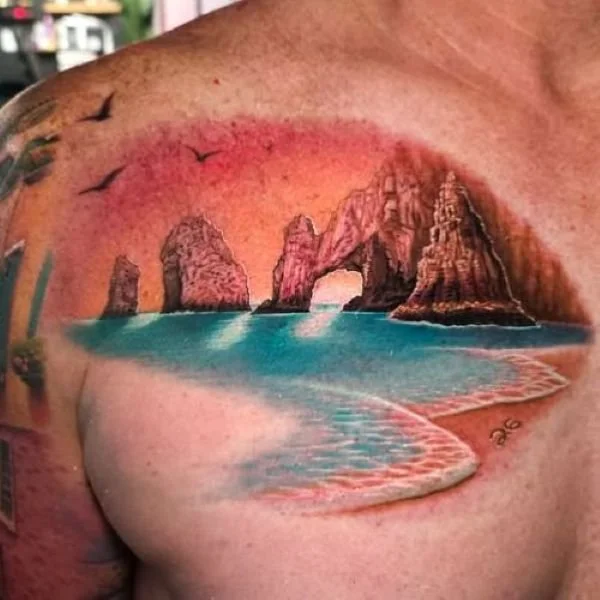 Color tattoo of Cabo Arco on upper chest