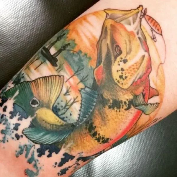 Tattoo leaping peacock bass with a topwater prop bait