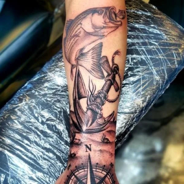 tattoo of a rockfish and anchor and compass
