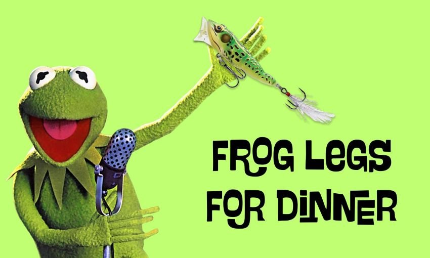 Kermit the Frog holding a topwater popper fishing lure from lunkerhunt