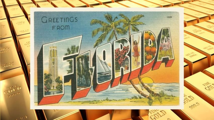 Greetings from Florida postcard over gold bars