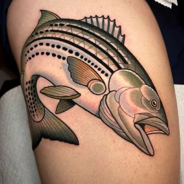Realistic maryland rockfish tattoo leaping