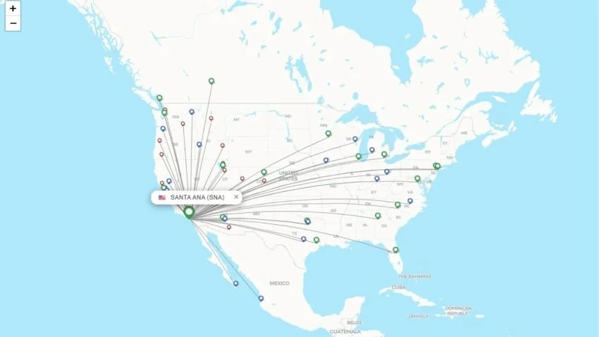 Map of Direct flights from John Wayne SNA Airport