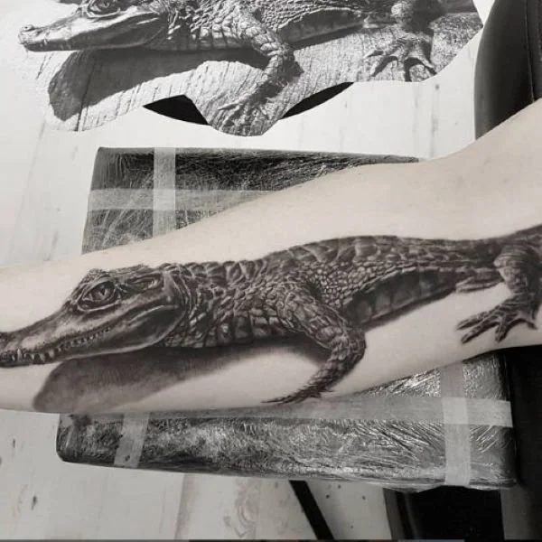 natural caiman body tattoo inner forearm