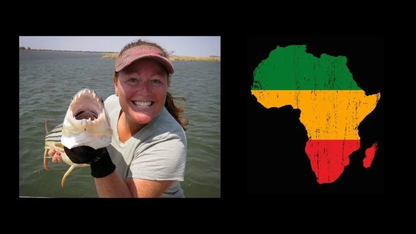 Woman holding Zambezi River tigerfish up to her face, with outline of Africa map