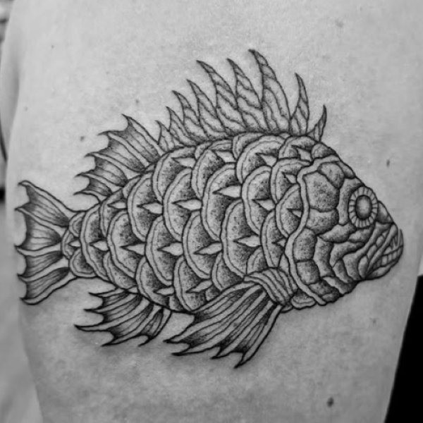 cartoon Pacific Rockfish tattoo black and white