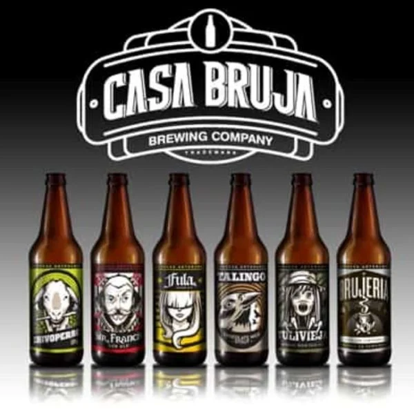 Six different bottles of craft beers from Casa Bruja Brewing Company Panama