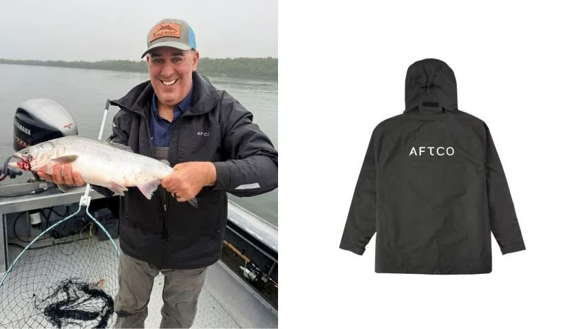 Wearing AFTCO Hydro Rain Jacket for Alaska Salmon Fishing