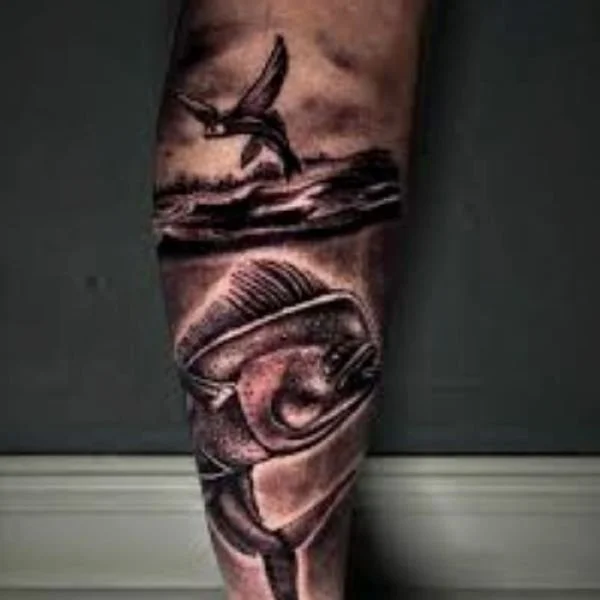 Black and white tattoo of mahi chasing flying fish