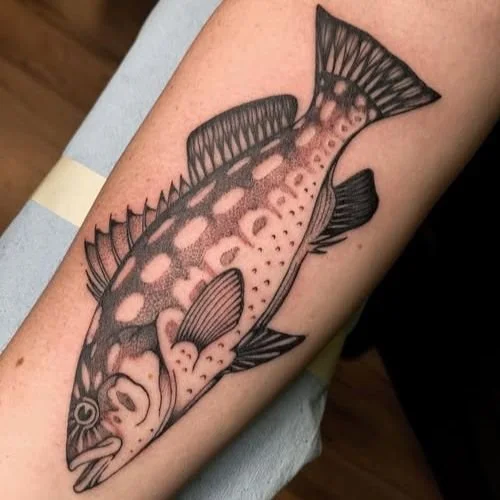 Black and white natural calico bass outline tattoo
