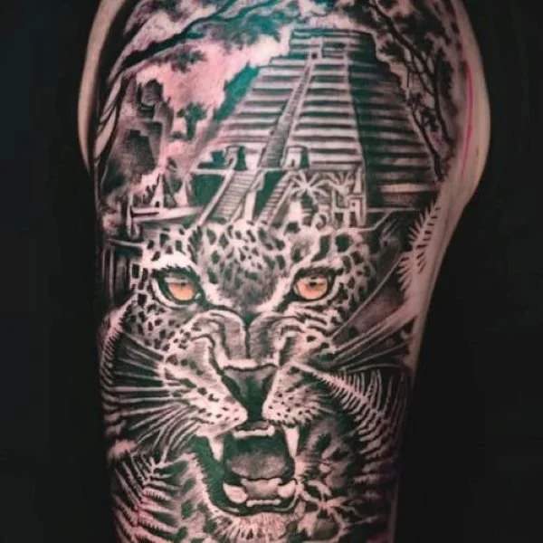 black and white jaguar tattoo with Amazon landmarks and background