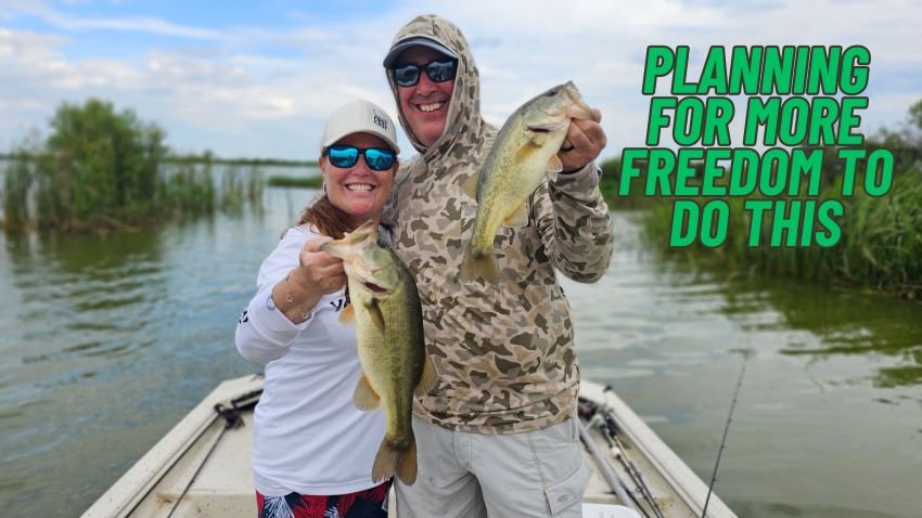 Pete Robbins and Hanna Robbins holding up largemouth bass at Grosse Savanne Lodge