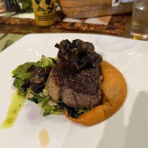 Seared NY Strip Steak with sweet potato puree