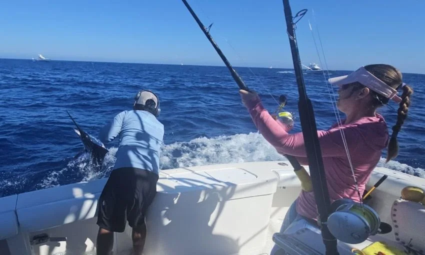 Samantha Sukupcak fighting striped marlin Baja Mexico