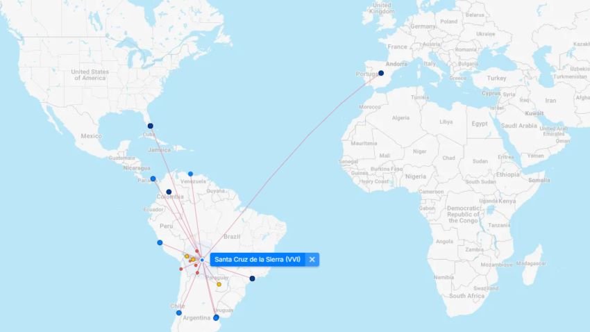 Flight routes from Santa Cruz de la Sierra Airport VVI
