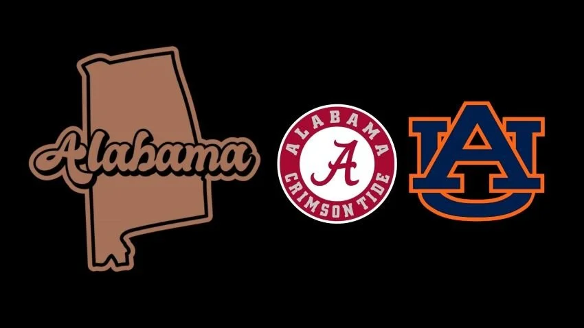 Silhouette of Alabama with Bama and Auburn logos next to it