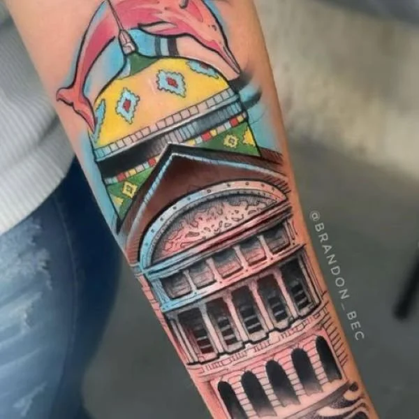 Manaus Brazil tattoo opera theater with pink dolphin