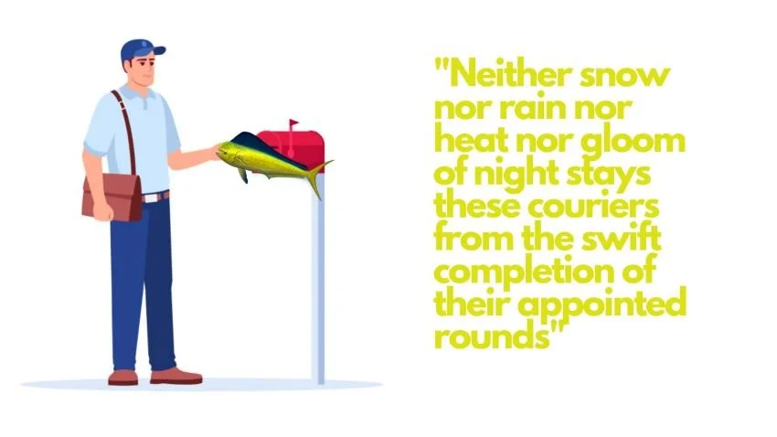 Cartoon mailman delivering a mahi mahi