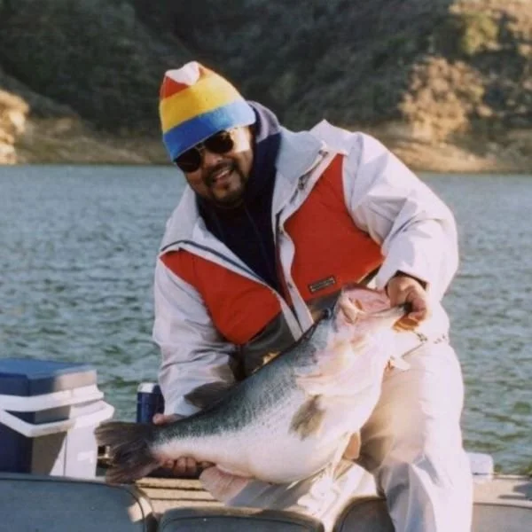 Danny Kadota with a near-world-record largemouth bass from Lake Castaic