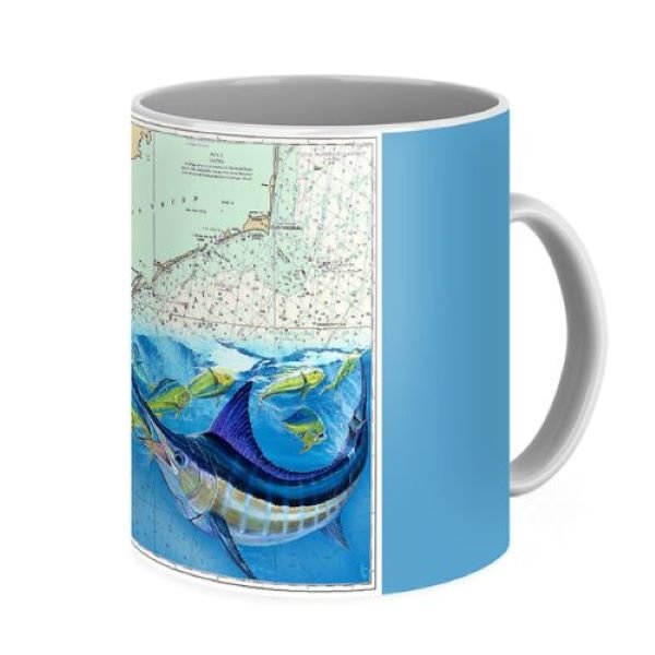 Mark Ray Wildlife Art coffee mug with a marlin over a nautical chart