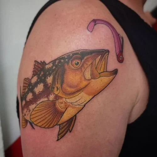 Full color calico bass tattoo